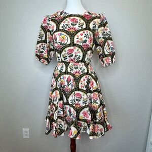 CHRISTIAN LACROIX Floral‎ Mini Fit & Flare Dress SMALL Lace Up Back Puff Sleeves